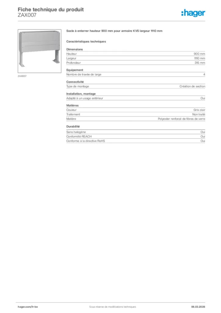 Image Hager Fiche technique du produit ZAX007 | Hager Belgique