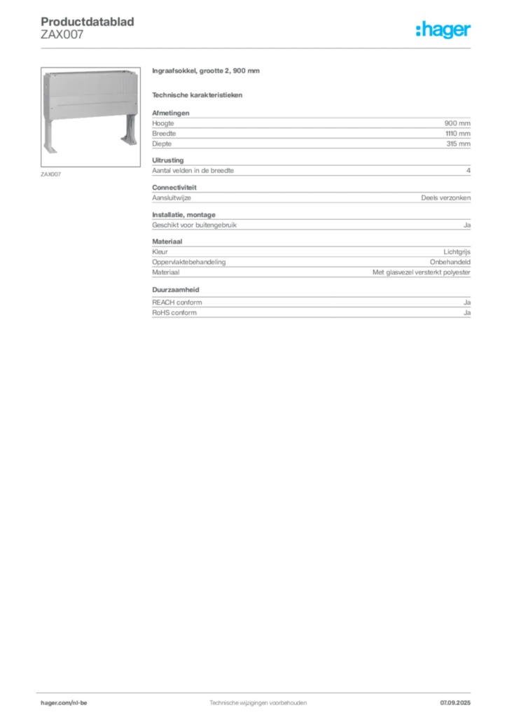 Afbeelding Hager Productdatablad ZAX007 | Hager Belgium