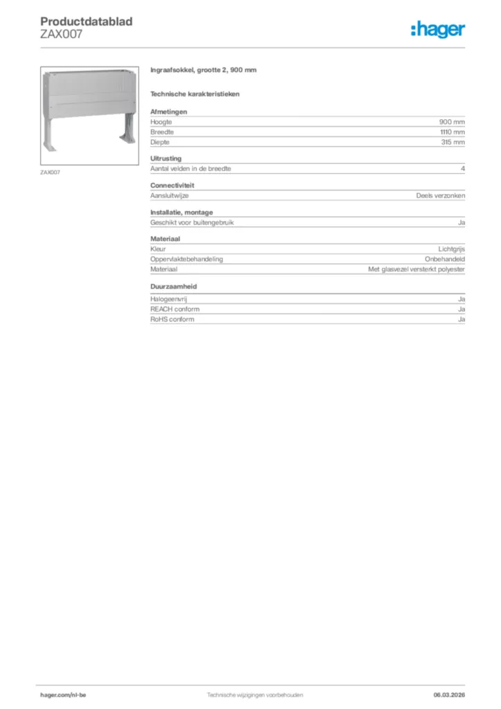 Afbeelding Hager Productdatablad ZAX007 | Hager Belgium
