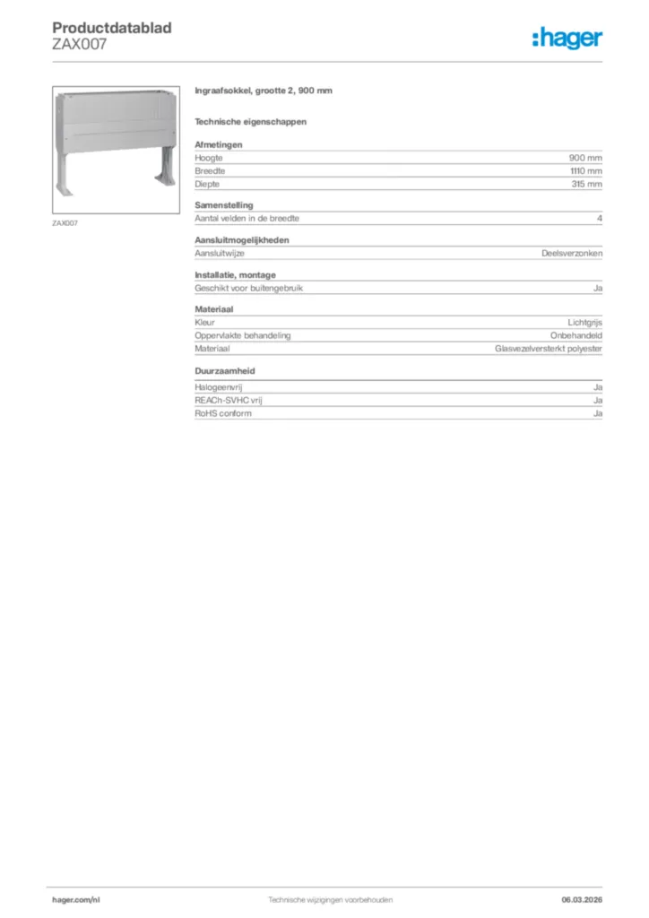 Afbeelding Hager Productdatablad ZAX007 | Hager Nederland