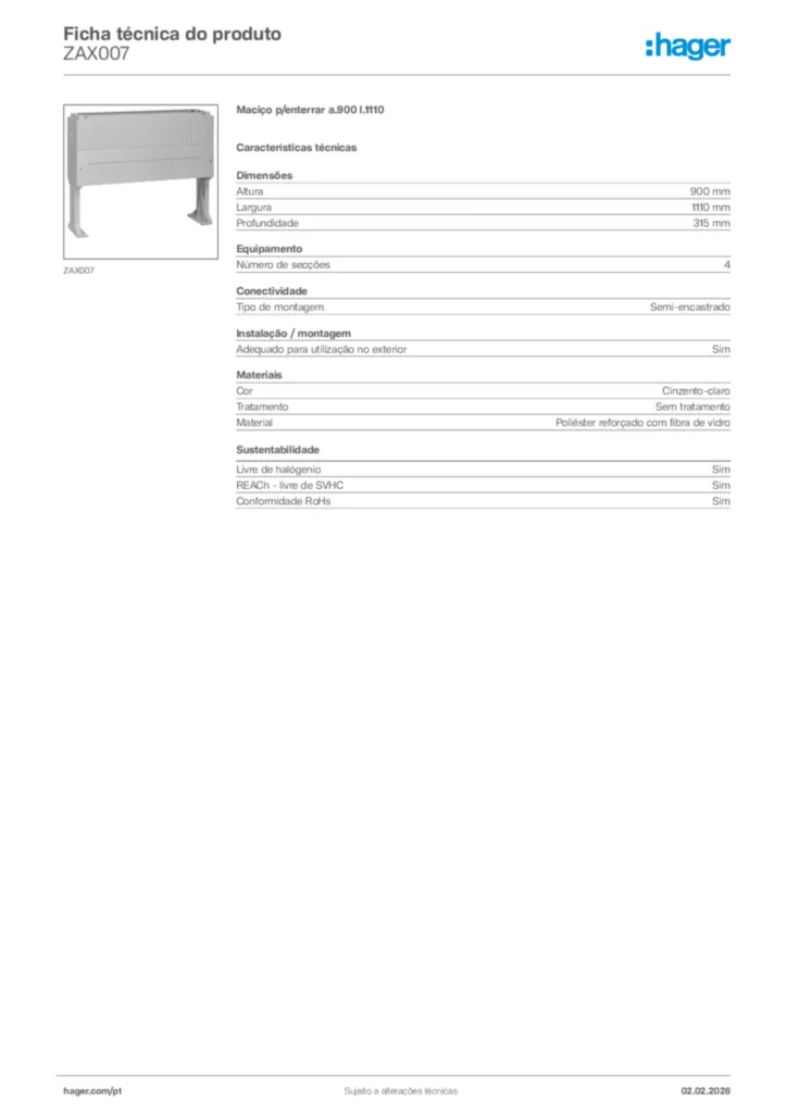 Imagem Hager Ficha técnica do produto ZAX007 | Hager Portugal