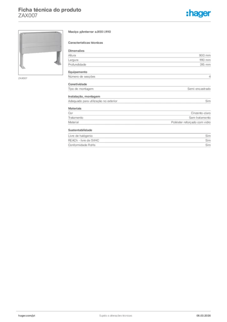 Imagem Hager Ficha técnica do produto ZAX007 | Hager Portugal