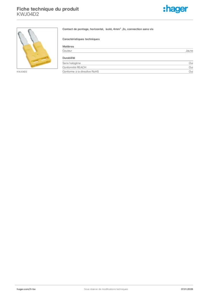 Image Hager Fiche technique du produit KWJ04D2 | Hager Belgique