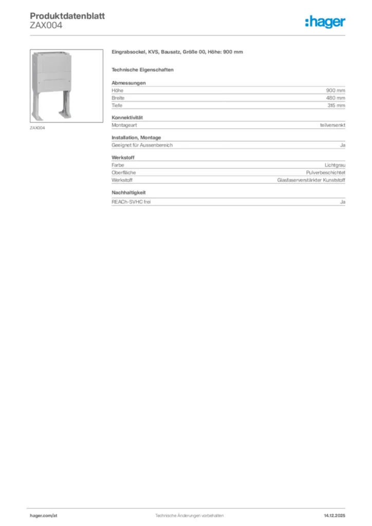 Bild Hager Produktdatenblatt ZAX004 | Hager Deutschland
