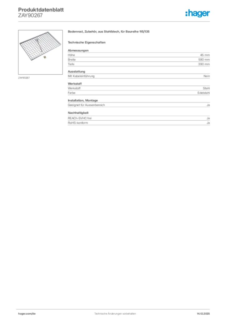 Hager Produktdatenblatt ZAY90267