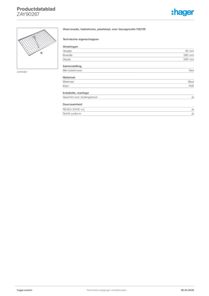Afbeelding Hager Productdatablad ZAY90267 | Hager Nederland