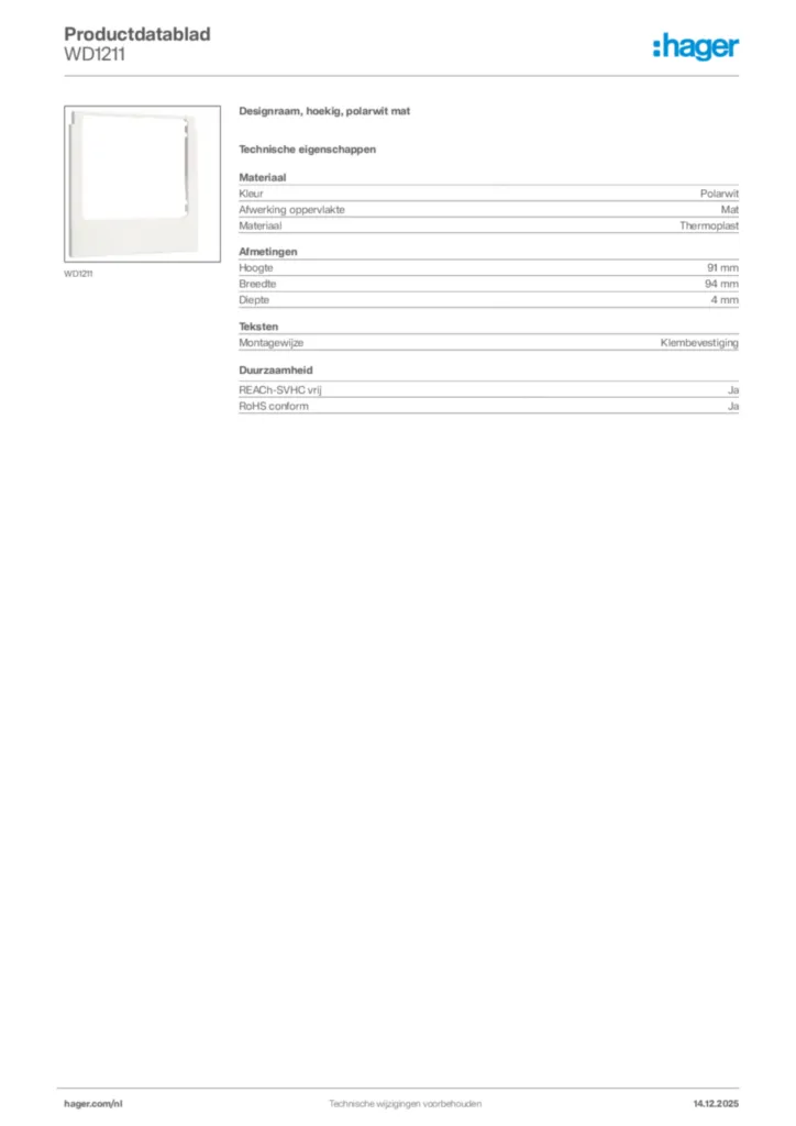 Afbeelding Hager Productdatablad WD1211 | Hager Nederland