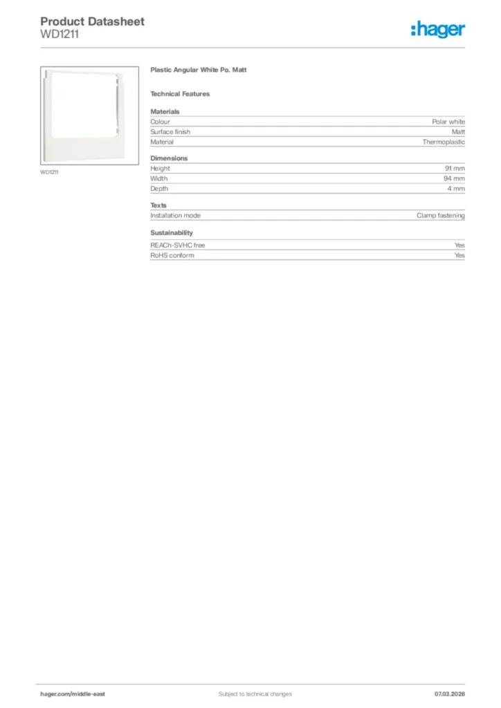 Image Hager Product data sheet WD1211  | Hager