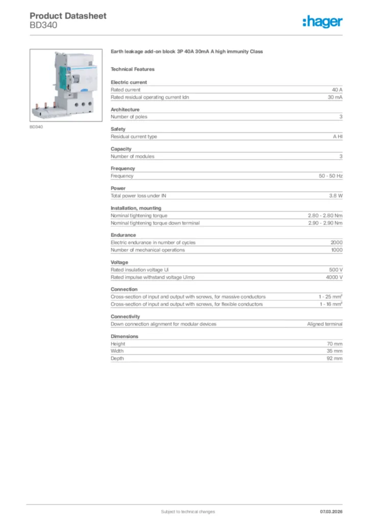 Image Hager Product data sheet BD340  | Hager Africa