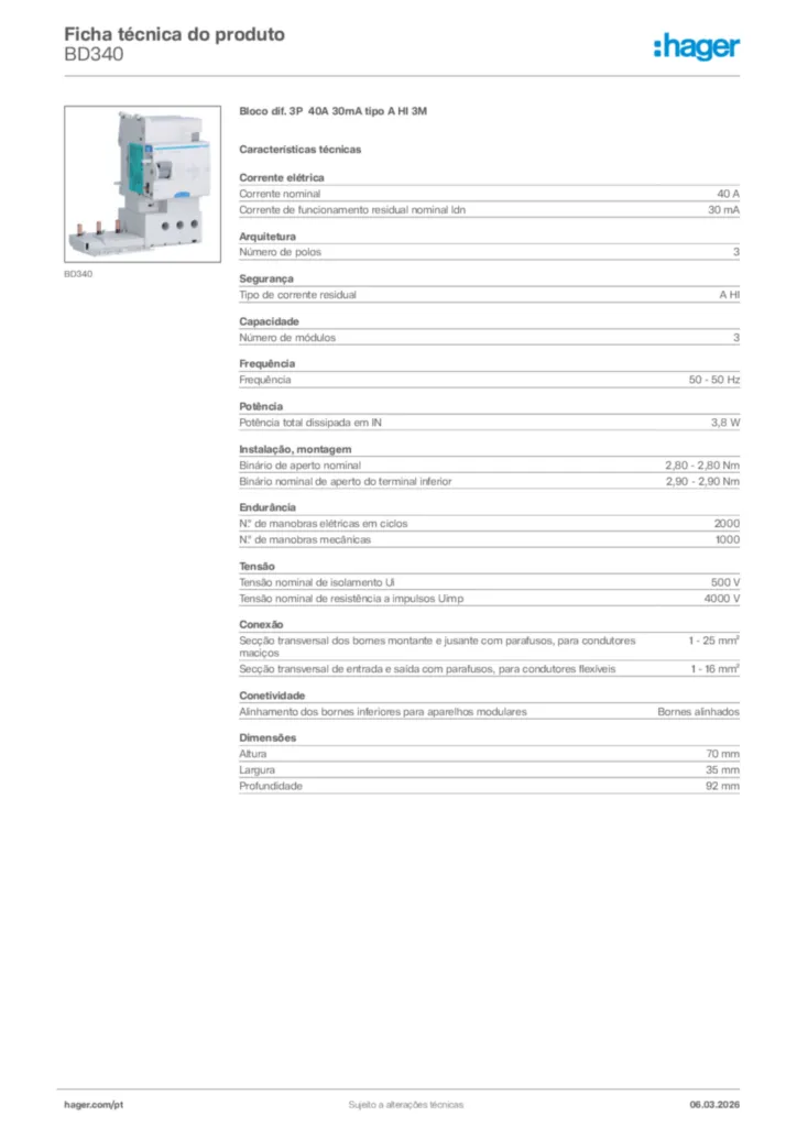 Imagem Hager Ficha técnica do produto BD340 | Hager Portugal