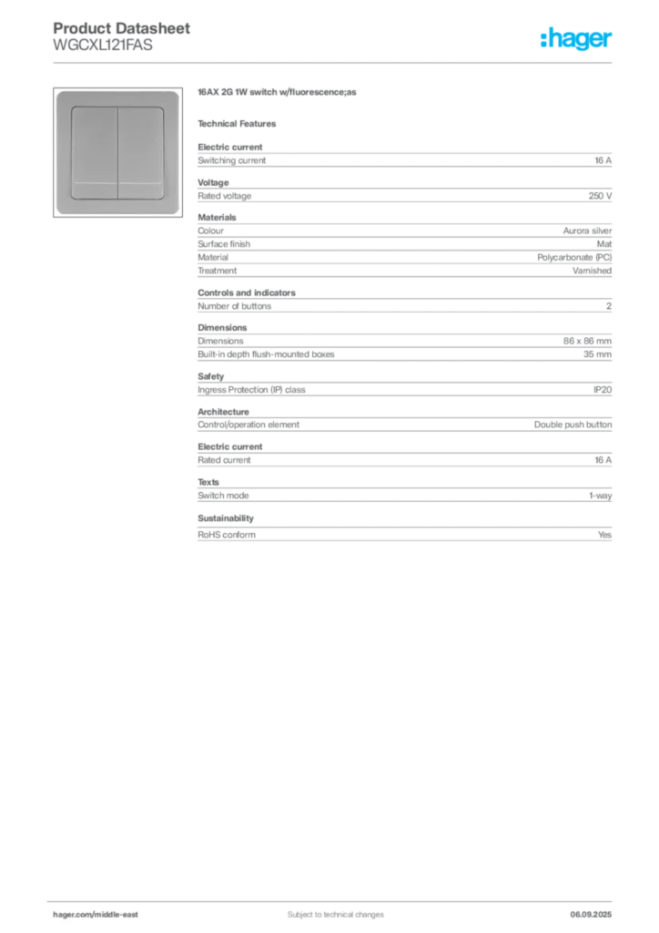 Image Hager Product data sheet WGCXL121FAS  | Hager