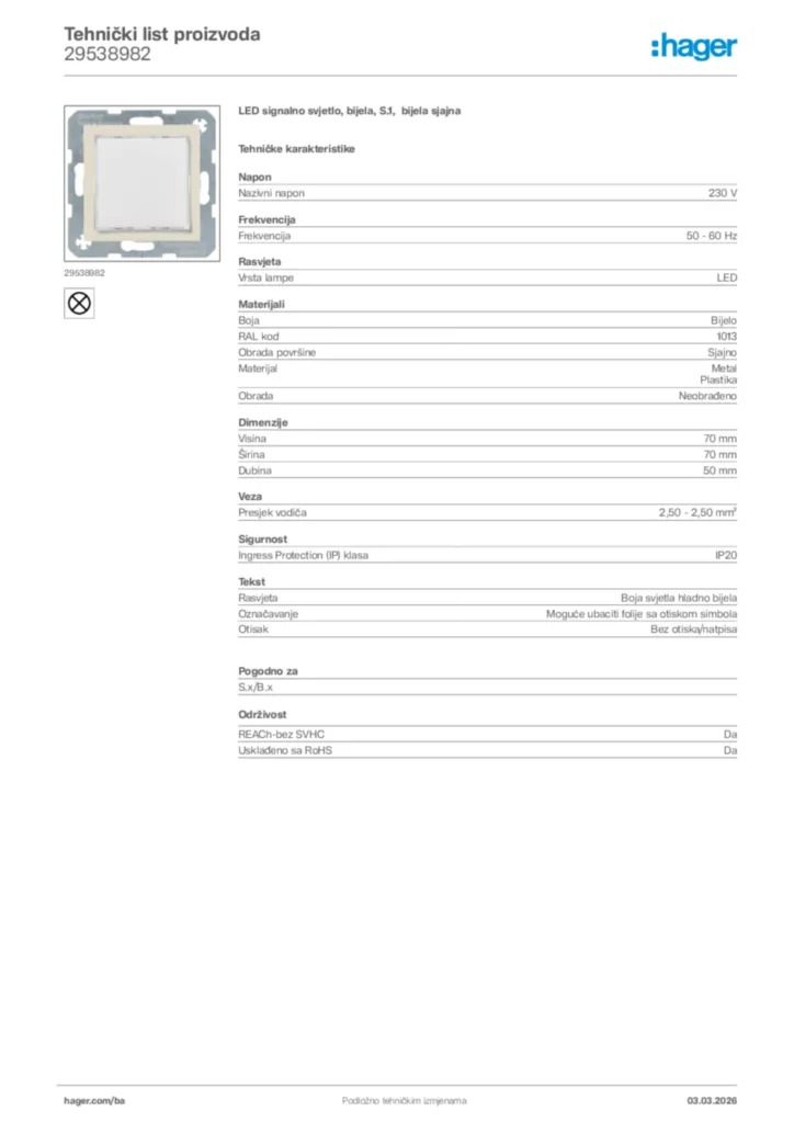 Slika Hager Tehnički list proizvoda 29538982  | Hager