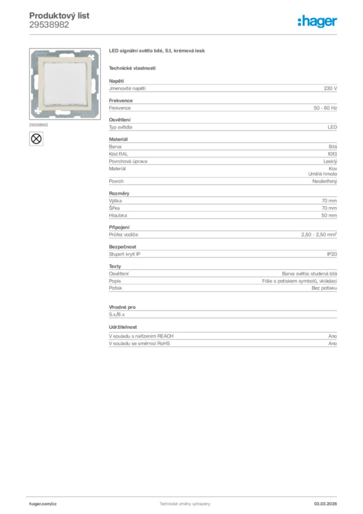 Obrázek Hager Product data sheet 29538982 | Hager