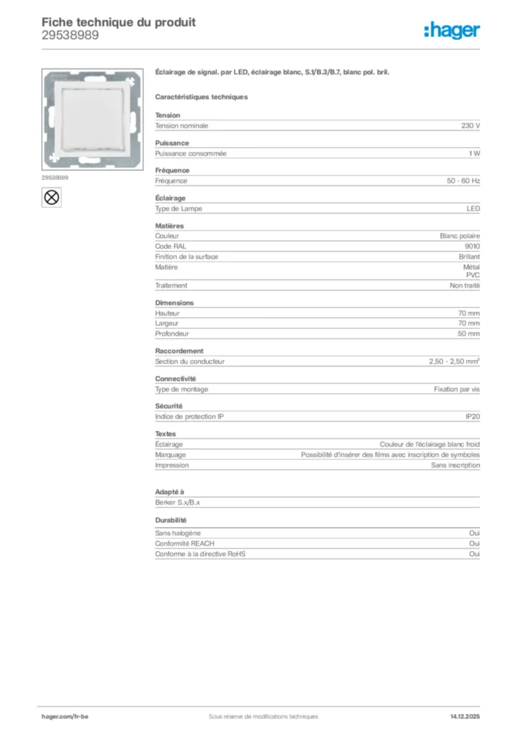 Image Hager Fiche technique du produit 29538989 | Hager Belgique