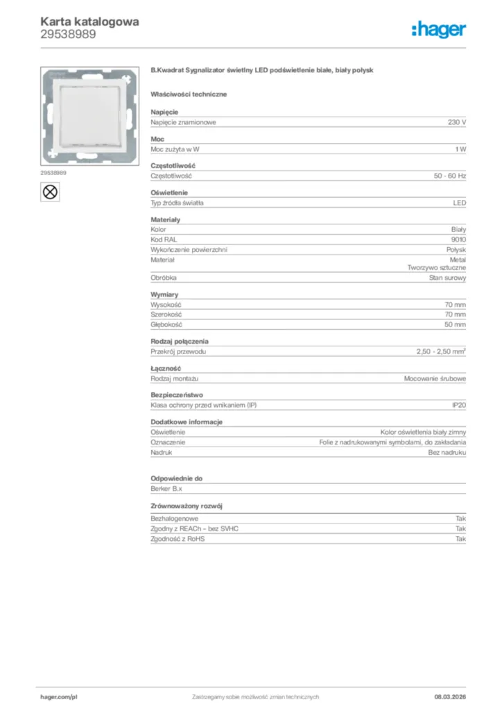 Zdjęcie Hager Karta katalogowa 29538989 | Hager Polska