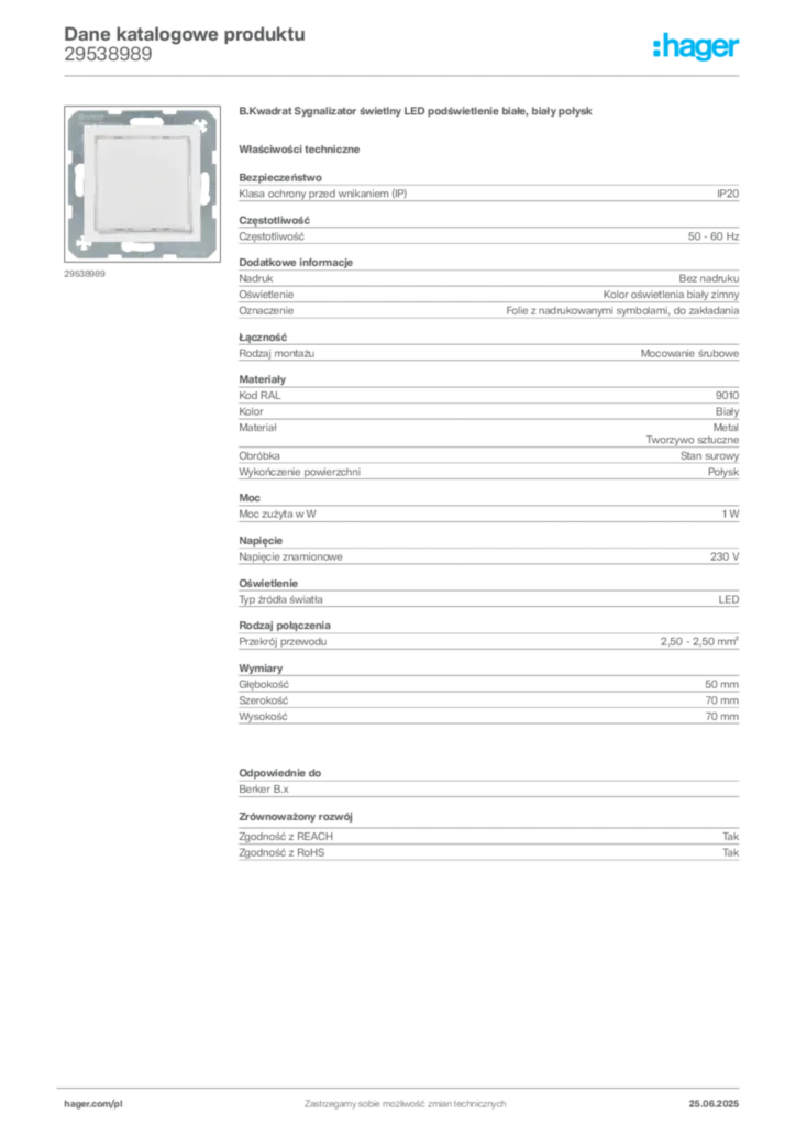 Zdjęcie Hager Karta katalogowa 29538989 | Hager Polska