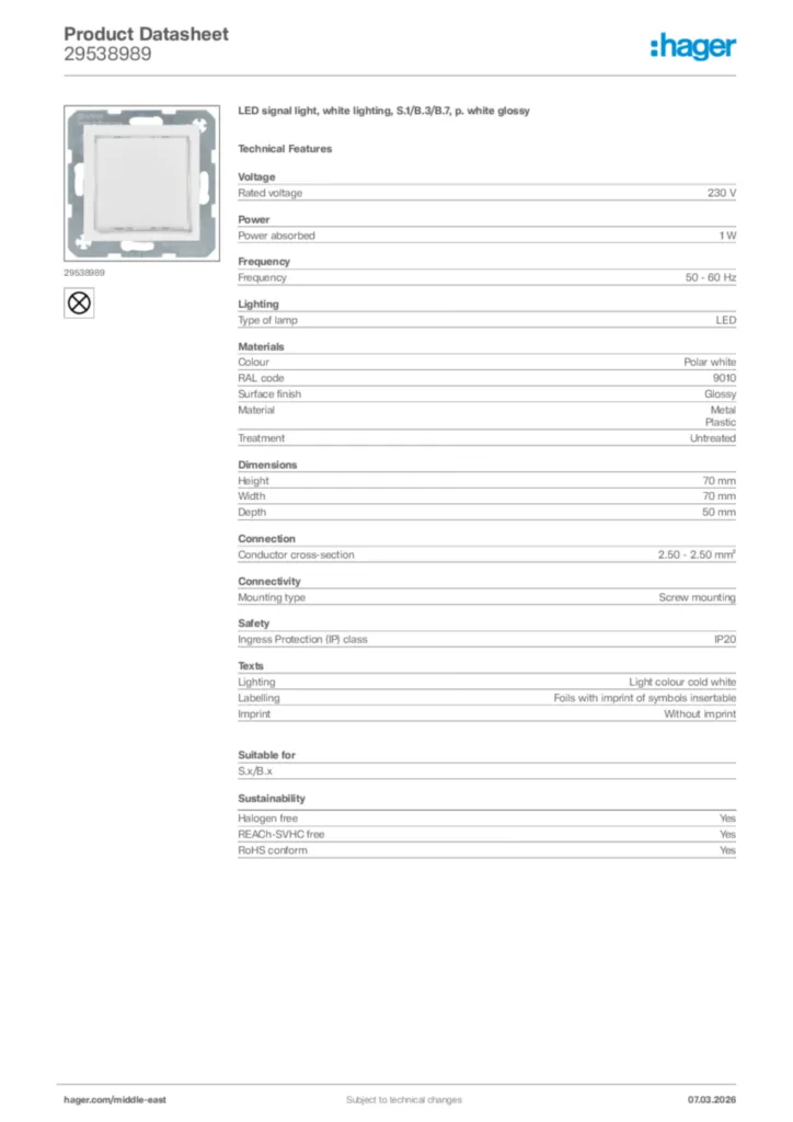 Image Hager Product data sheet 29538989  | Hager