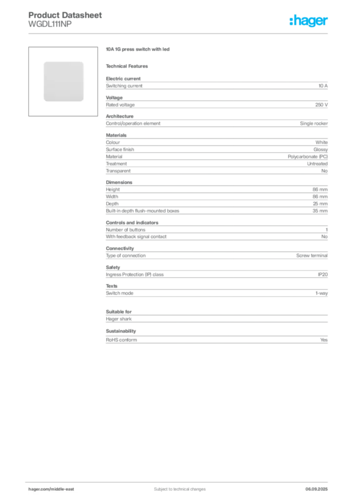 Image Hager Product data sheet WGDL111NP  | Hager