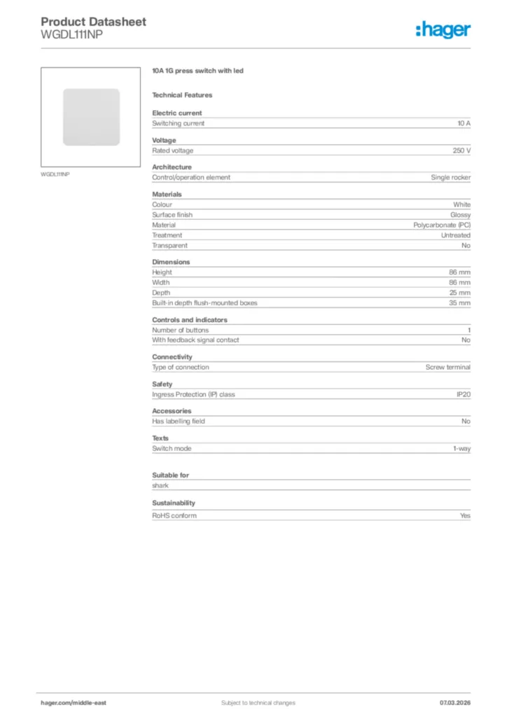 Image Hager Product data sheet WGDL111NP  | Hager