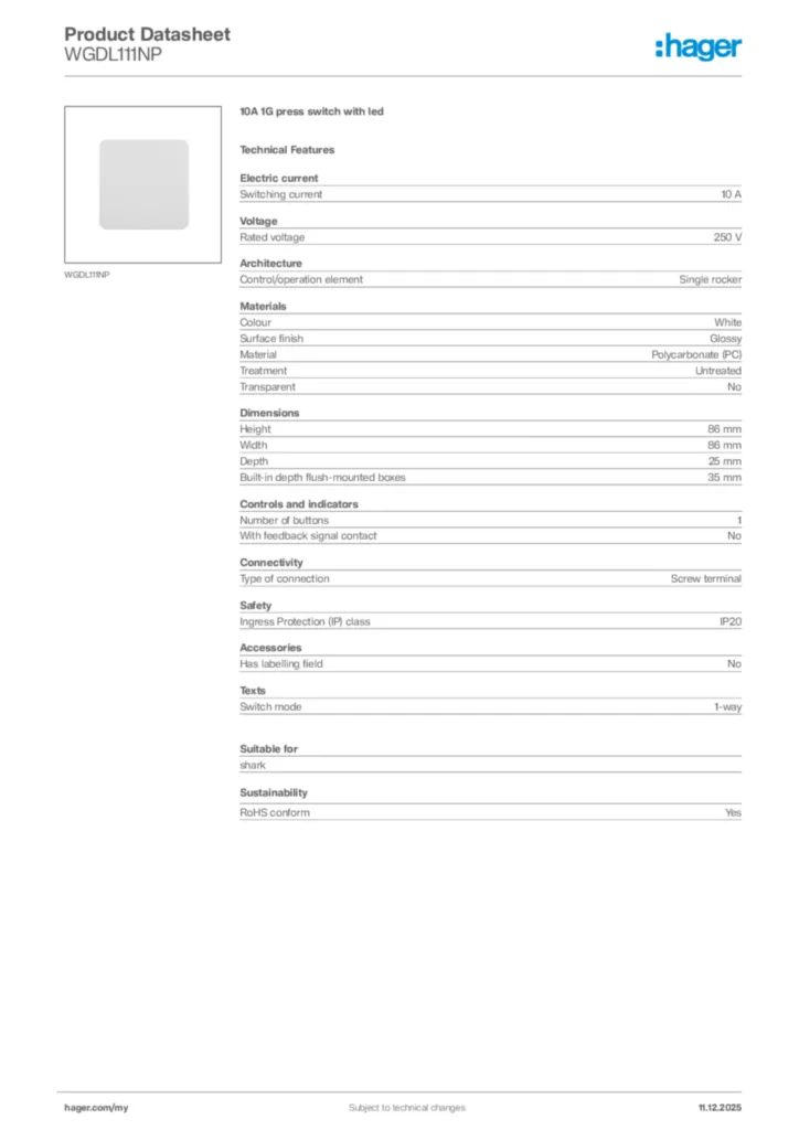 Image Hager Product data sheet WGDL111NP  | Hager