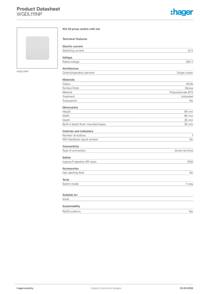 Image Hager Product data sheet WGDL111NP  | Hager
