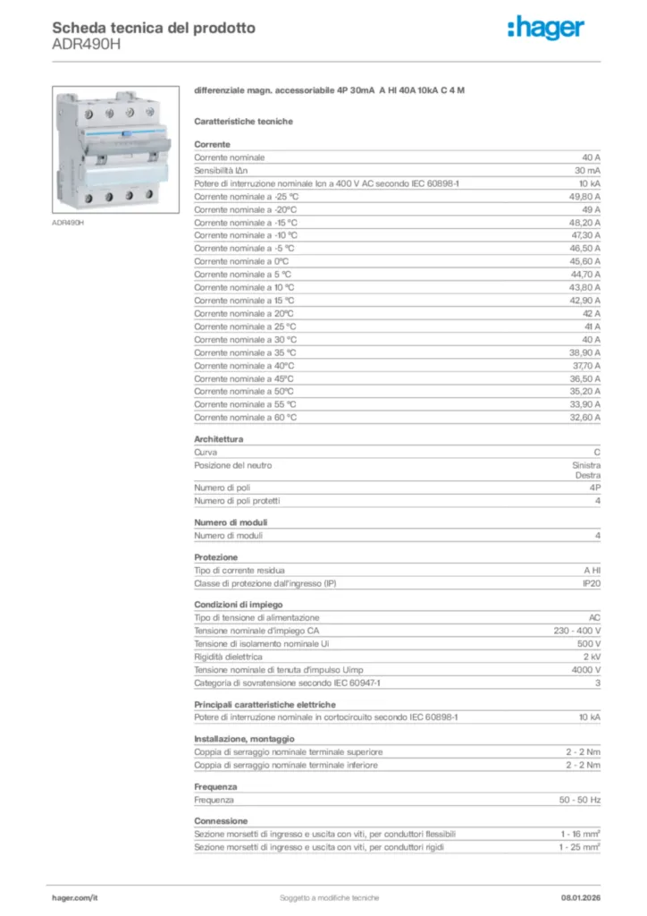 Immagine Hager Scheda tecnica del prodotto ADR490H | Hager Italia