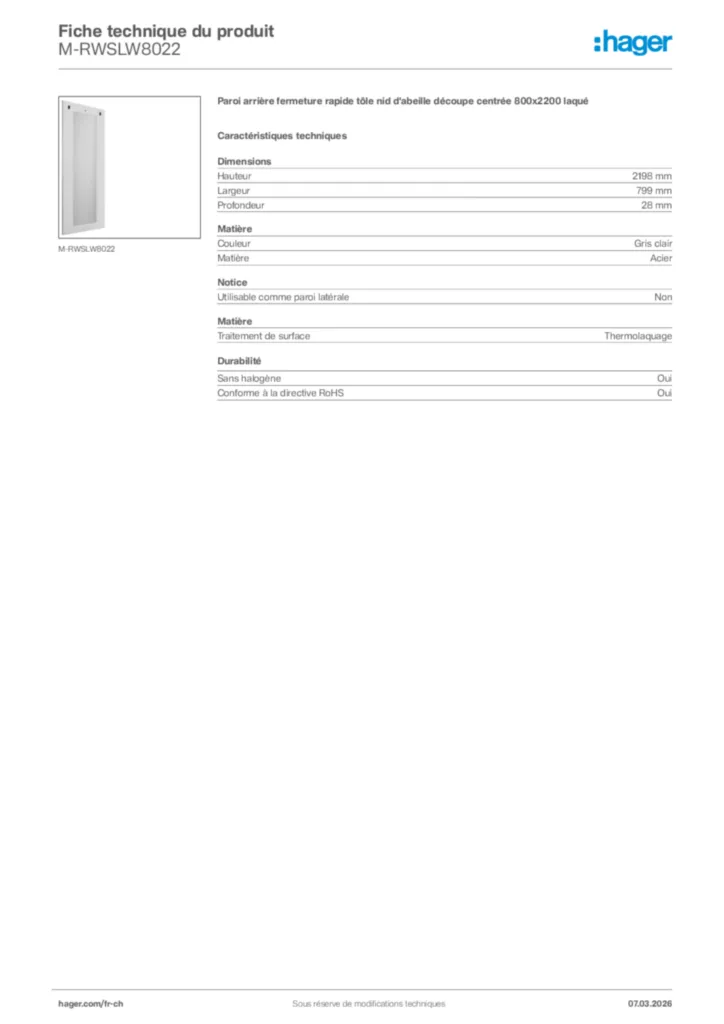 Image Hager Fiche technique du produit M-RWSLW8022 | Hager Suisse