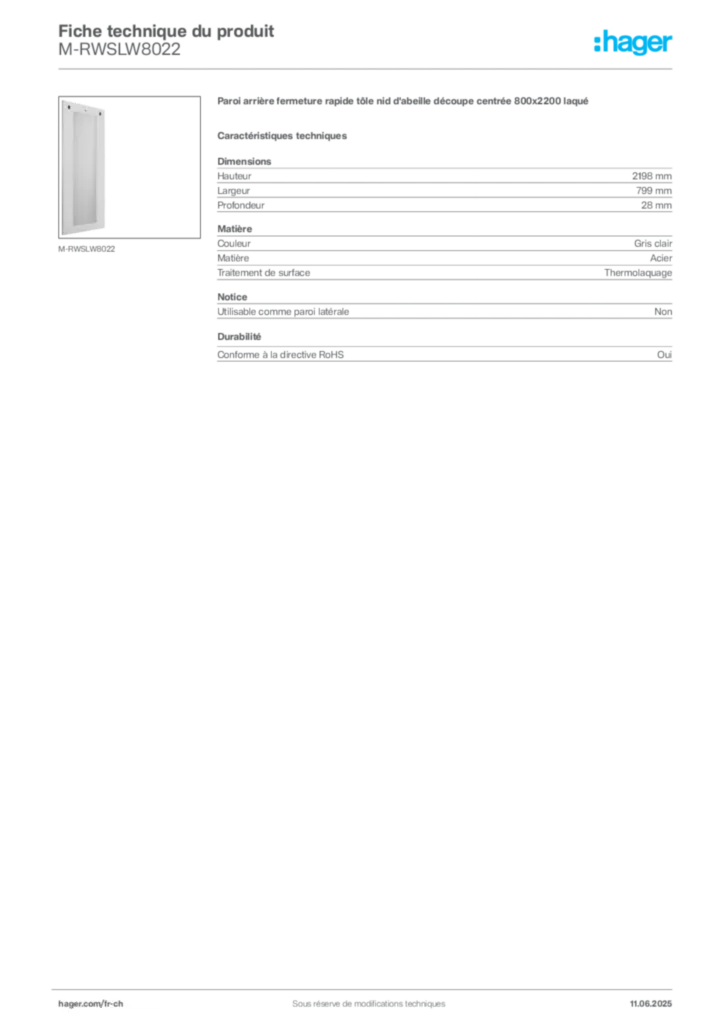 Image Hager Fiche technique du produit M-RWSLW8022 | Hager Suisse
