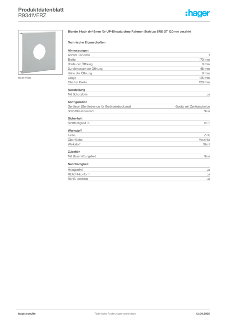 Hager Produktdatenblatt R9341VERZ