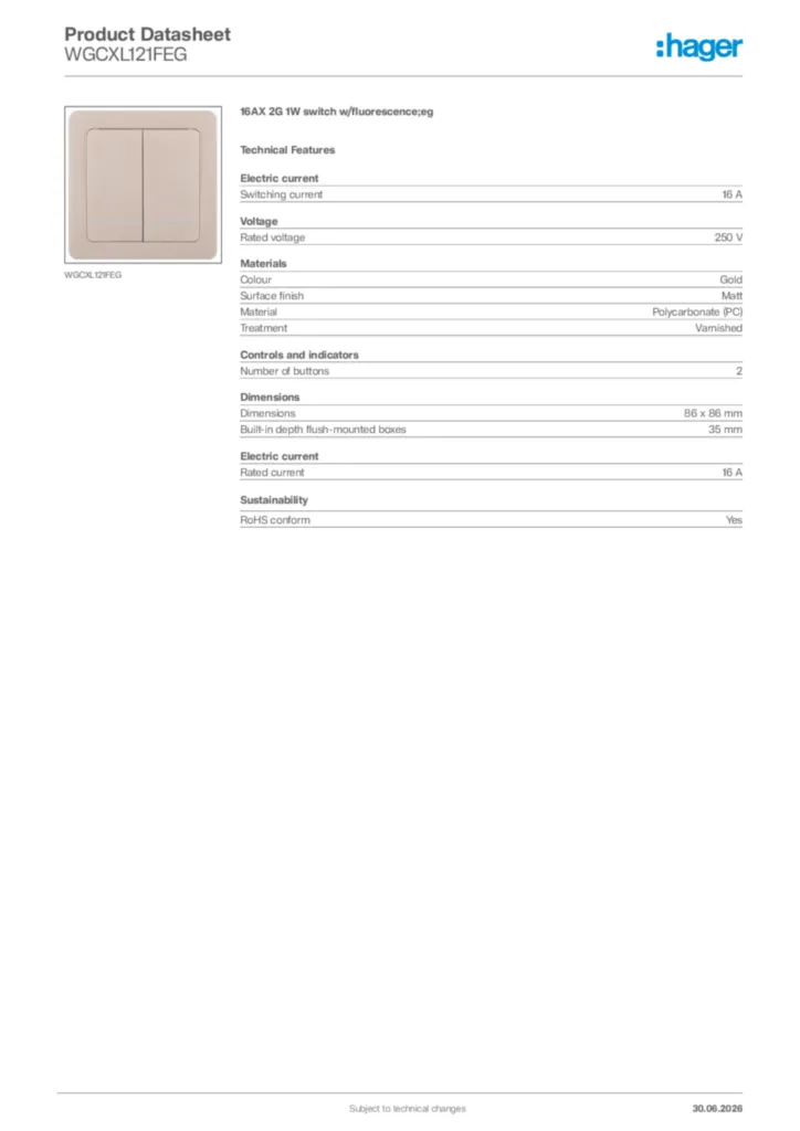 Image Hager Product data sheet WGCXL121FEG  | Hager Africa