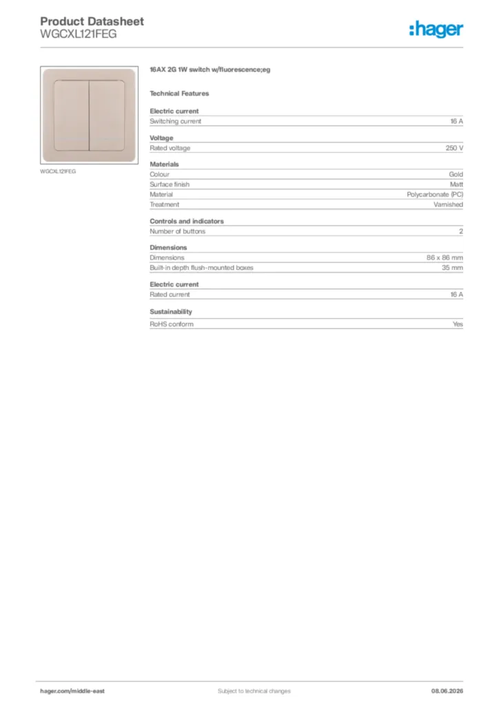 Image Hager Product data sheet WGCXL121FEG  | Hager