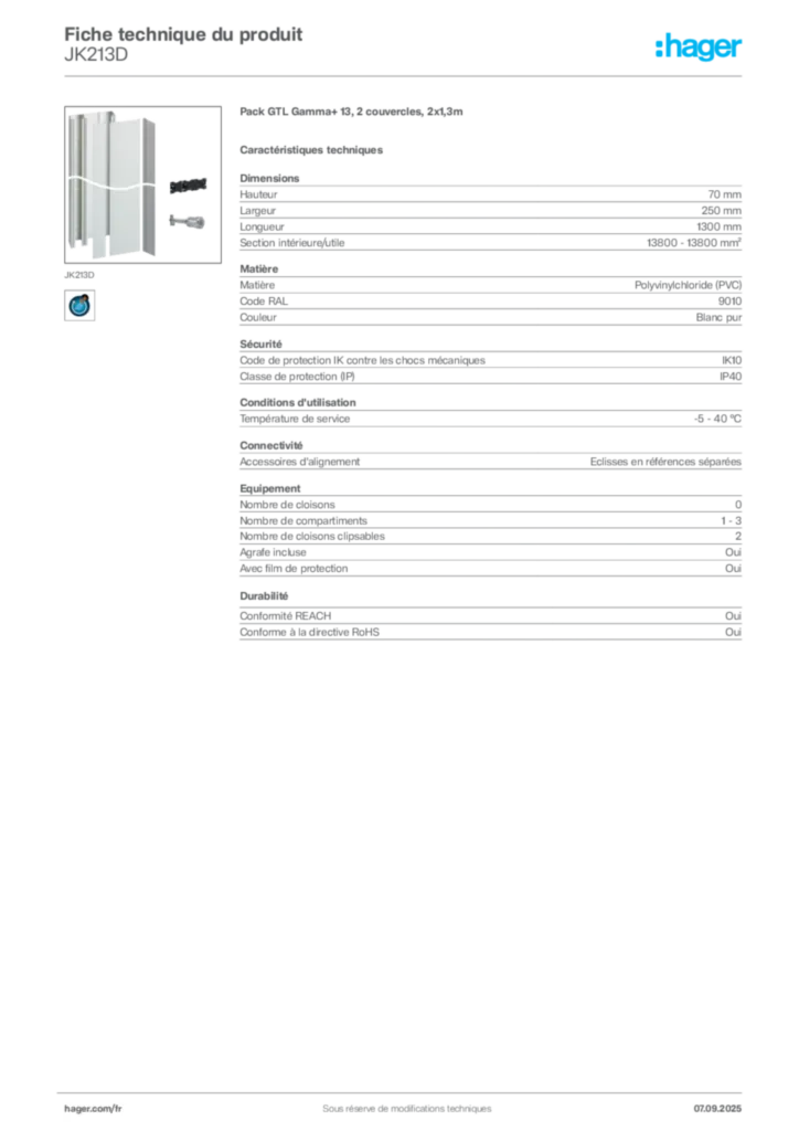 Image Hager Fiche technique du produit JK213D | Hager France