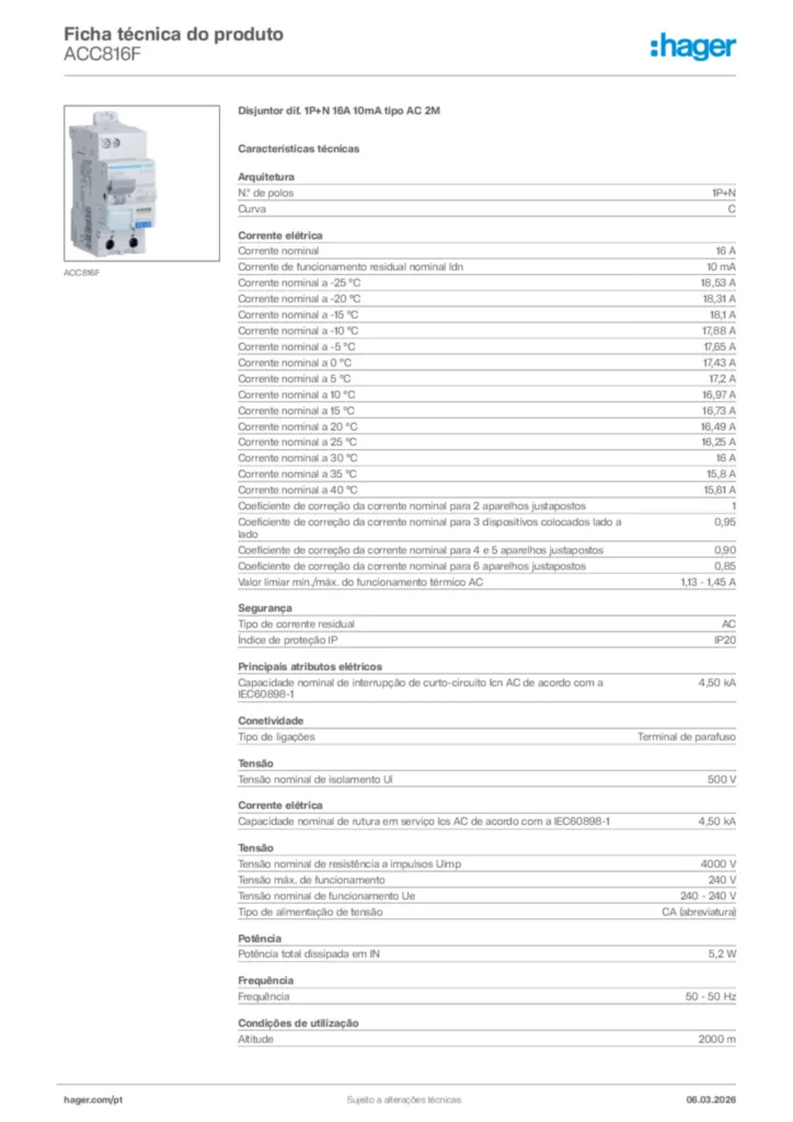 Imagem Hager Ficha técnica do produto ACC816F | Hager Portugal