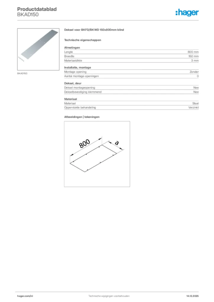 Afbeelding Hager Productdatablad BKAD150 | Hager Nederland