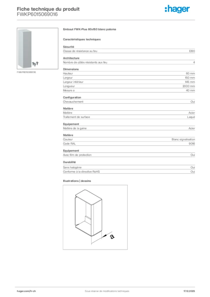 Image Hager Fiche technique du produit FWKP6015069016 | Hager Suisse