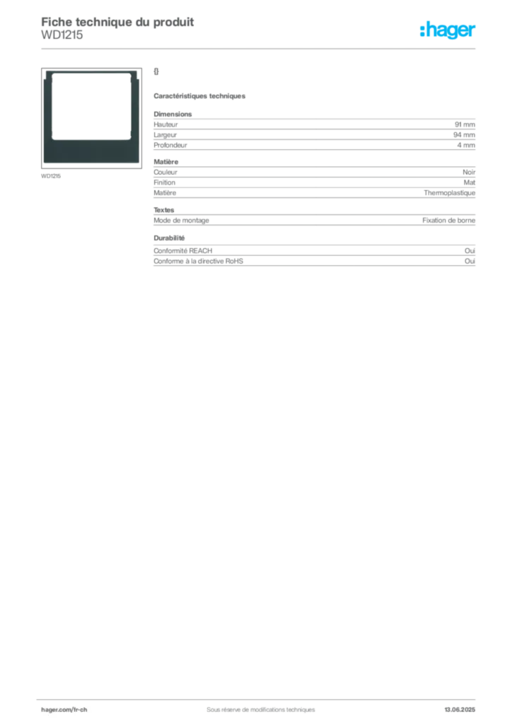 Image Hager Fiche technique du produit WD1215 | Hager Suisse