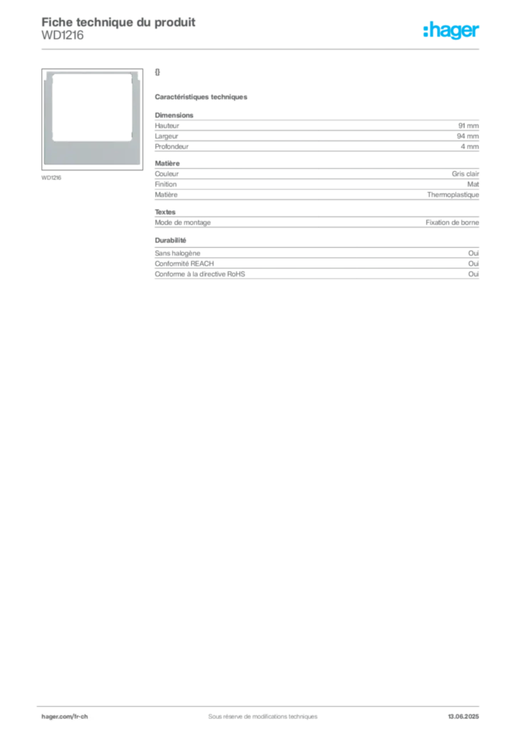 Image Hager Fiche technique du produit WD1216 | Hager Suisse