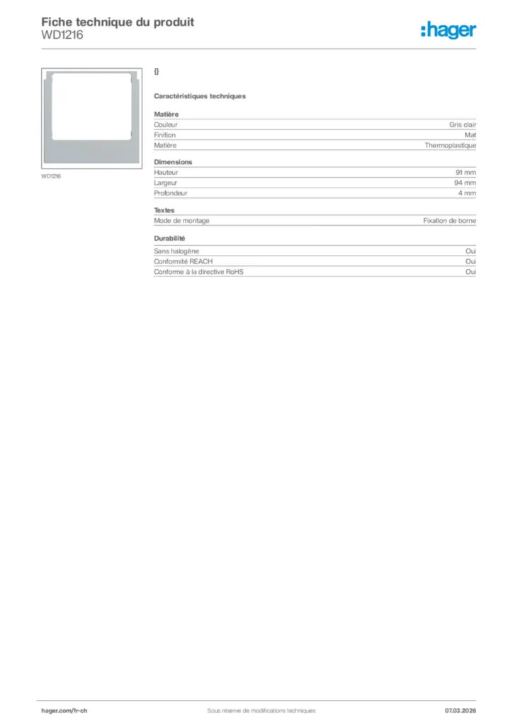 Image Hager Fiche technique du produit WD1216 | Hager Suisse