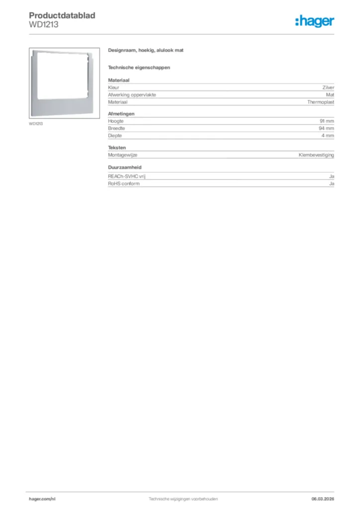 Afbeelding Hager Productdatablad WD1213 | Hager Nederland