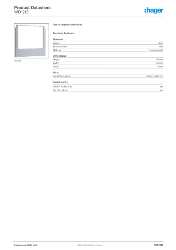 Image Hager Product data sheet WD1213  | Hager