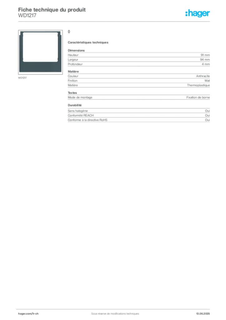Image Hager Fiche technique du produit WD1217 | Hager Suisse