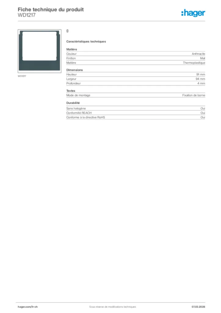 Image Hager Fiche technique du produit WD1217 | Hager Suisse