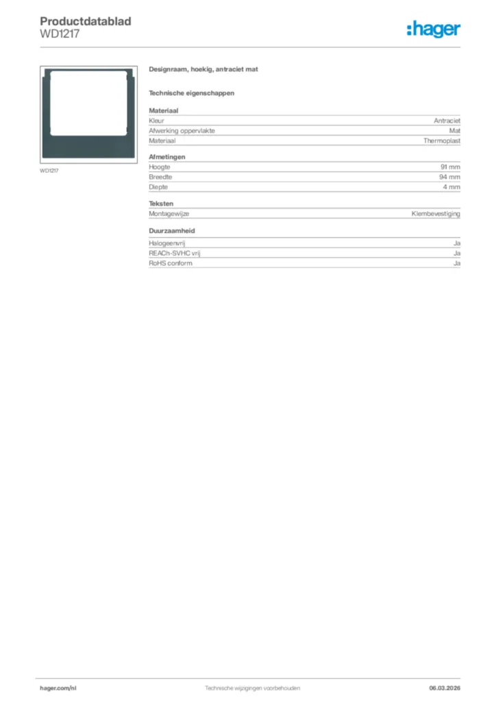 Afbeelding Hager Productdatablad WD1217 | Hager Nederland