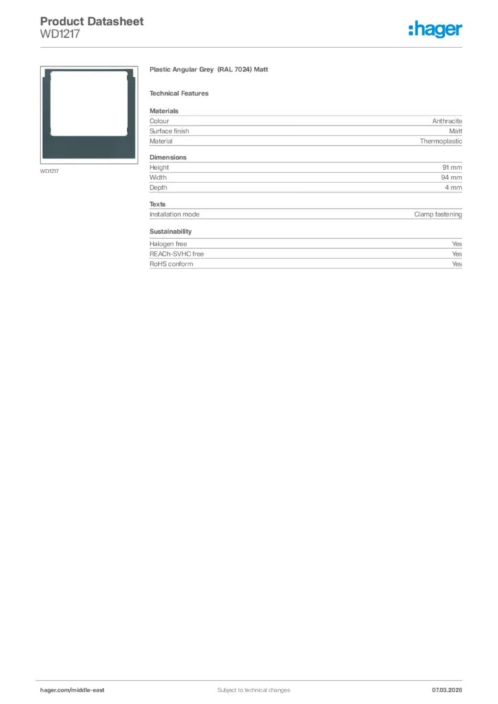 Image Hager Product data sheet WD1217  | Hager