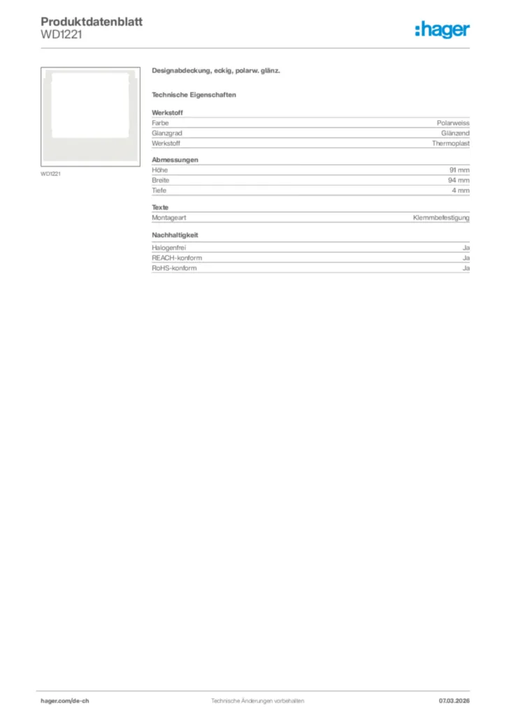 Bild Hager Produktdatenblatt WD1221 | Hager Schweiz