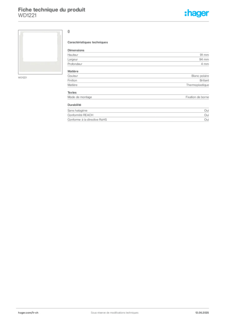 Image Hager Fiche technique du produit WD1221 | Hager Suisse