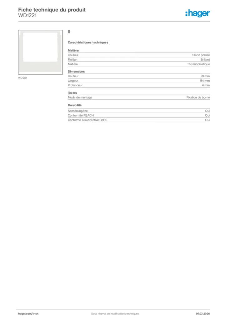 Image Hager Fiche technique du produit WD1221 | Hager Suisse