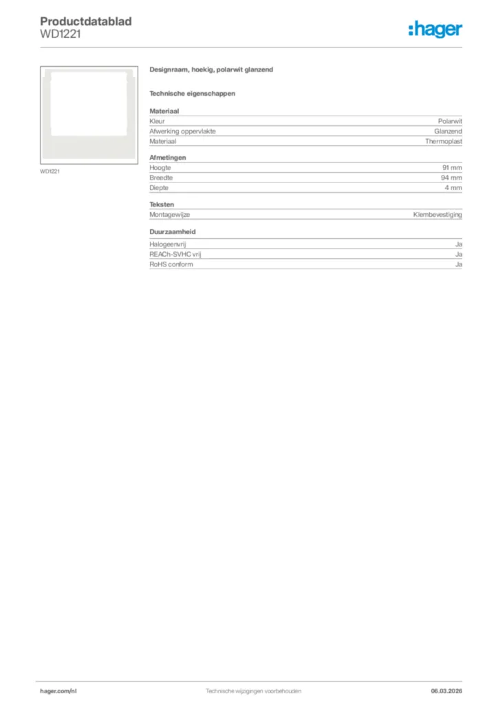Afbeelding Hager Productdatablad WD1221 | Hager Nederland