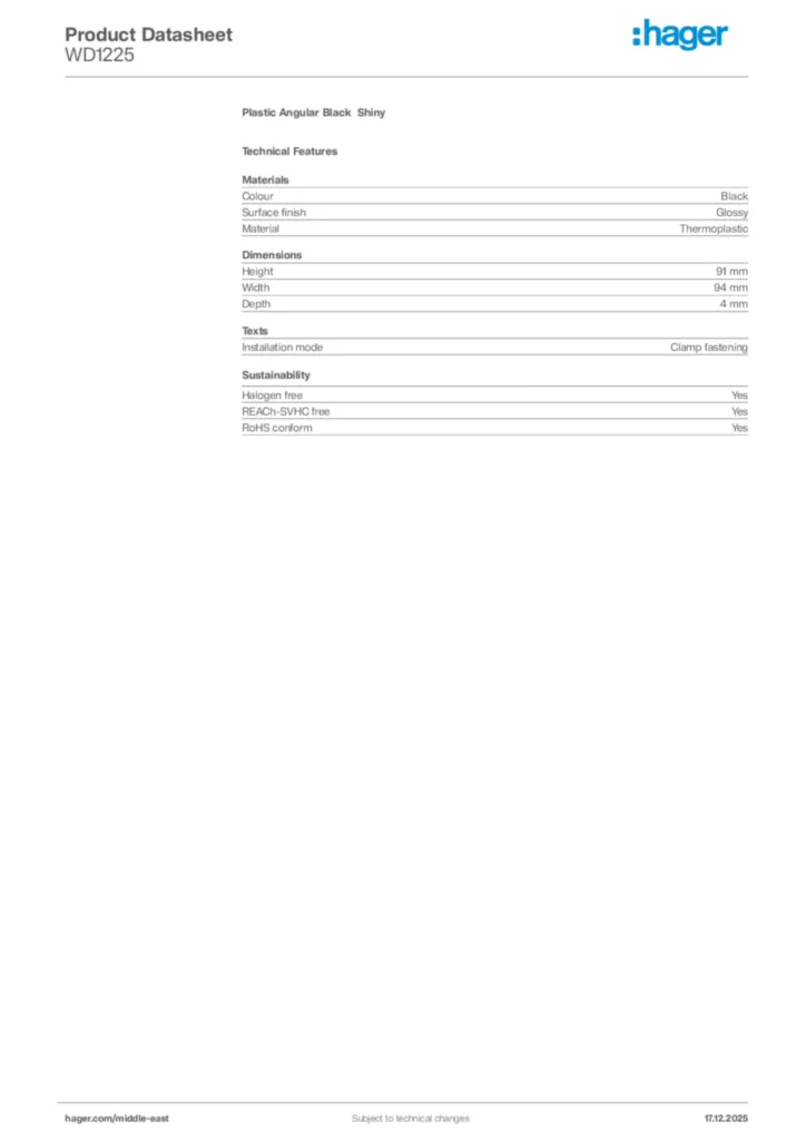 Image Hager Product data sheet WD1225  | Hager