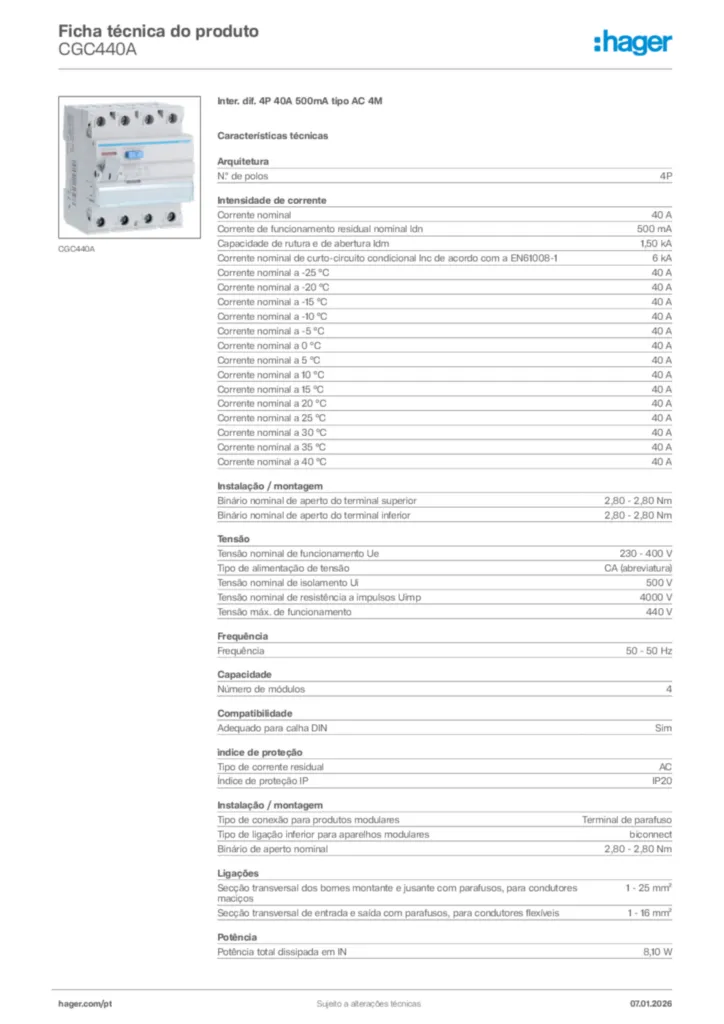 Imagem Hager Ficha técnica do produto CGC440A | Hager Portugal